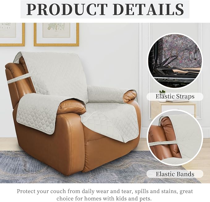 ISSUNTEX Double Protection 100% Waterproof Recliner Covers for Living Room, Reversible Furniture Protector Recliner Couch Sofa Slipcover for Dogs, Pets, Kids (Oversized Recliner, Ivory/Ivory) - Image 5