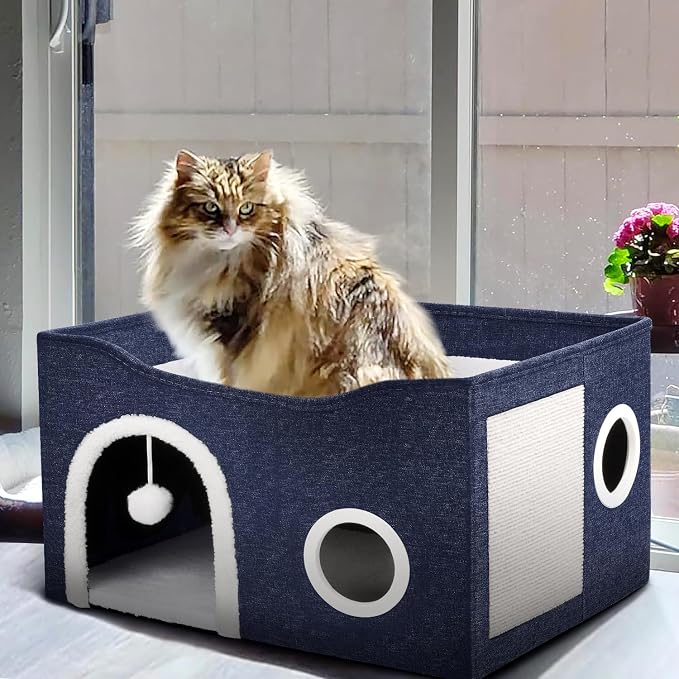 Heeyoo Cat House for Indoor Cats - Large Cat Bed Cave with Fluffy Ball and Scratch Pad, Foldable Cats Houses & Condos, Cat Hideaway, Covered Kitty Bed for Multi Small Large Kitty, 23.8x15.9x13.2 Inch - Image 2