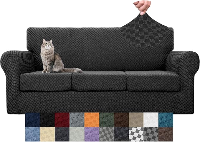 YEMYHOM Latest Checkered 4 Pieces Couch Covers for 3 Cushion Couch High Stretch Thickened Sofa Cover for Dogs Pets Living Room Anti Slip Elastic Slipcovers (Black Checkered), 71"-91"(3 Cushions) by YEMYHOM