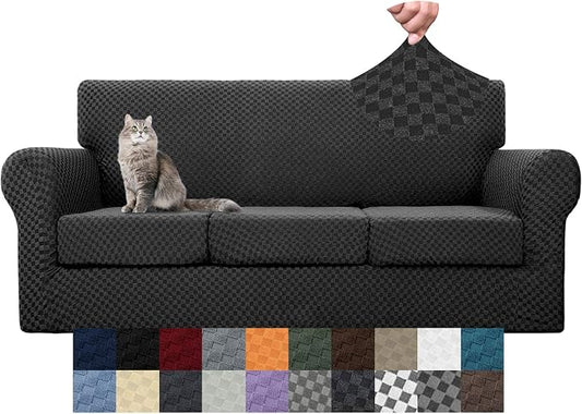 YEMYHOM Latest Checkered 4 Pieces Couch Covers for 3 Cushion Couch High Stretch Thickened Sofa Cover for Dogs Pets Living Room Anti Slip Elastic Slipcovers (Black Checkered), 71"-91"(3 Cushions) by YEMYHOM