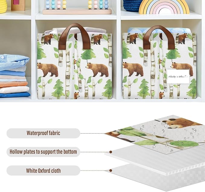 Watercolor Woodland Bear Forest Animal Baby Storage Basket with Labels&Handles Rectangular Waterproof Nursery Storage Bins Collapsible Shelf Organizer Baskets for Kids Books Cloth Gift Toys Laundry - Image 5
