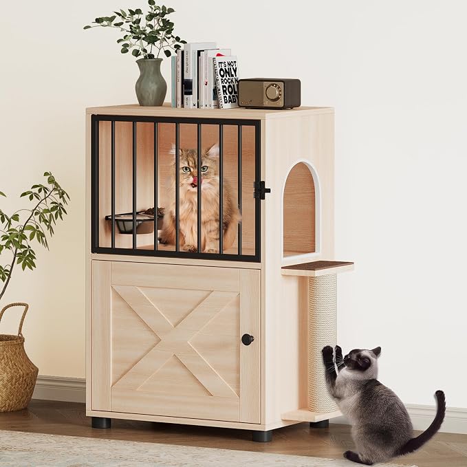 Dog Proof Cat Feeding Station, Dog Proof Cat Feeder, Cat Food Table | Cat Feeding Station with Scratching Post, Elevated Cat Food Bowls with Stand, Pet Food Storage Cabinet, Cat House Furniture - Image 2