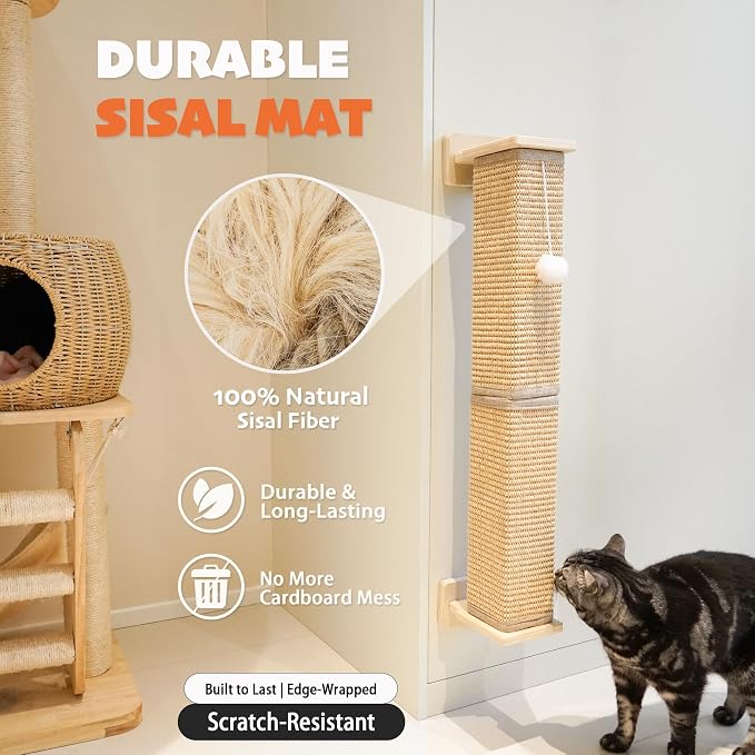 PETKARAY Wall Mounted Cat Scratcher, 30" Large Sisal Cat Scratcher for Wall, Square Sisal Cat Scratching Post with Toy Ball - Image 2