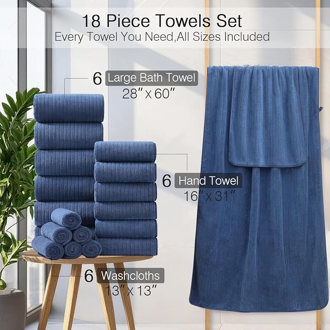 Hailea 18 Piece Family Bath Towel Set Include 6 Bath Towels,6 Hand Towels and 6 Washcloths Soft Bathroom Towel with Hanging Loops,Highly Absorbent Quick Dry Towels Set for Bathroom,Hotel and Spa-Navy - Image 4