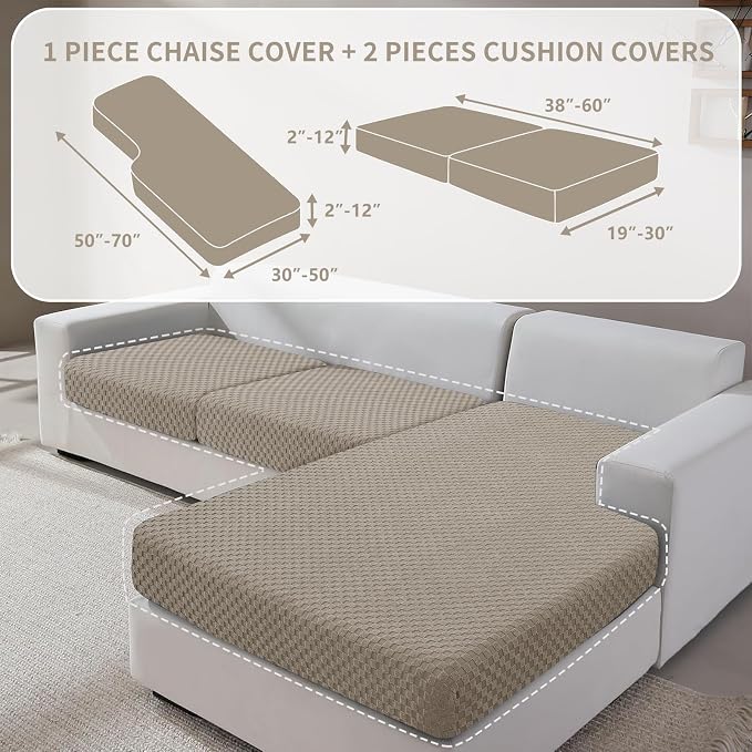YEMYHOM Couch Cushion Covers for Sofa, Stretch Sectional Couch Seat Cushion Covers Washable Thick Furniture Protector Sofa Slipcovers for Pets (2 Seater + 1 Chaise, Khaki) - Image 2