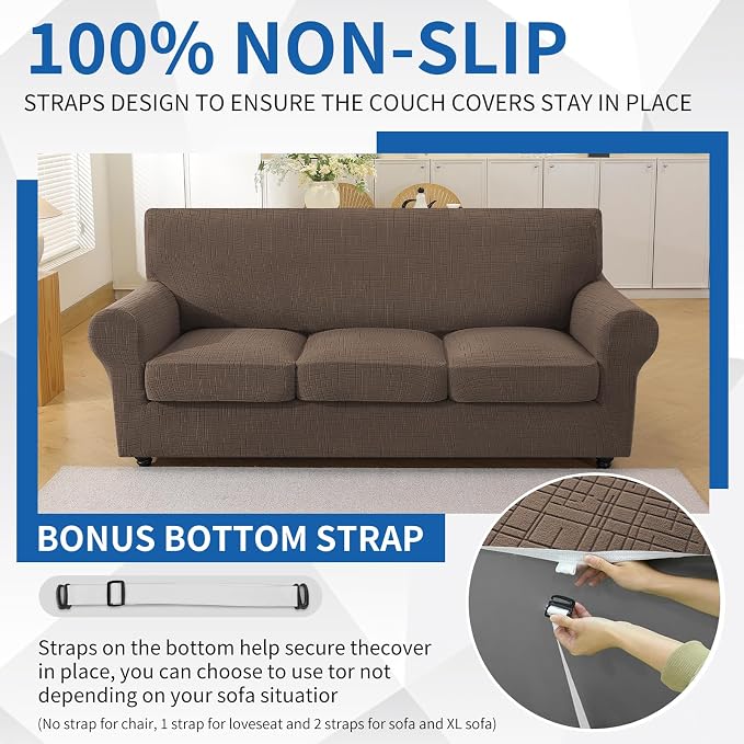 4 Piece Stretch Sofa Covers for 3 Cushion Couch, Non Slip Couch Covers for Sofa, Pet Couch Cover Washable, Couch Slipcover for Dogs, Kids (Light Brown), 91"-110" (3 Cushion XL Sofa) - Image 7