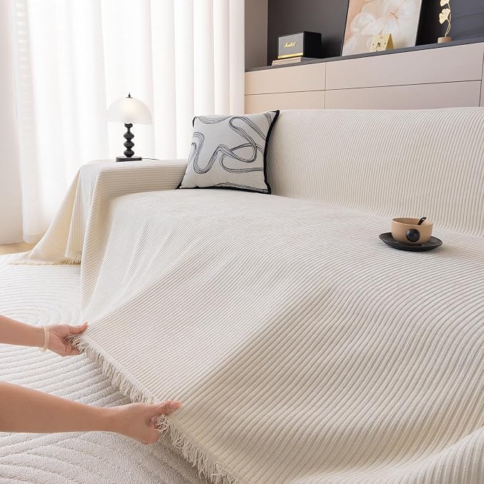 DREAMINGO Modern Minimalist Sofa Covers Washable Pet Furniture Protector Couch Cover for Dogs Cozy Chenille Couch Cover Blanket Stripe Textured Sectional Couch Slipcovers (Large, Cream White) - Image 3