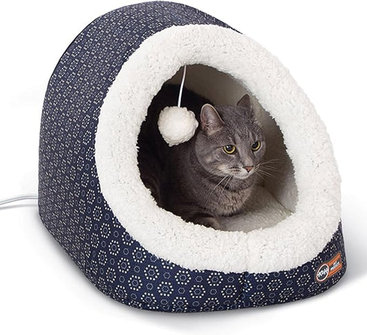 K&H Heated Cat Bed, Thermo-Pet Cave Indoor, Safety Listed, 4W, Navy/Geo | Removable Waterproof Cat Heating Pad, Heated Pet Bed for Dogs & Cats, Covered Cave Pet Tent, Collapsible, Machine Washable by KHPetProducts