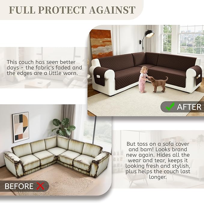 Sectional Couch Covers for Dogs 100% Waterproof Corner L Shaped Sofa Cover Pet Friendly Velvet Washable Anti Slip L Shape Modular Sofa Slipcover Protector with Pockets (Dark Brown, Large) - Image 7