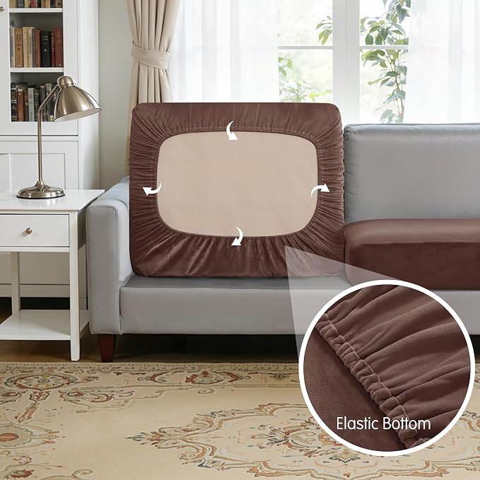 Hokway Velvet Couch Cushion Covers Water Resistant Seat Covers Stretch Sofa Cushion Protector(3 Cushion XL-Sofa, Brown) - Image 3