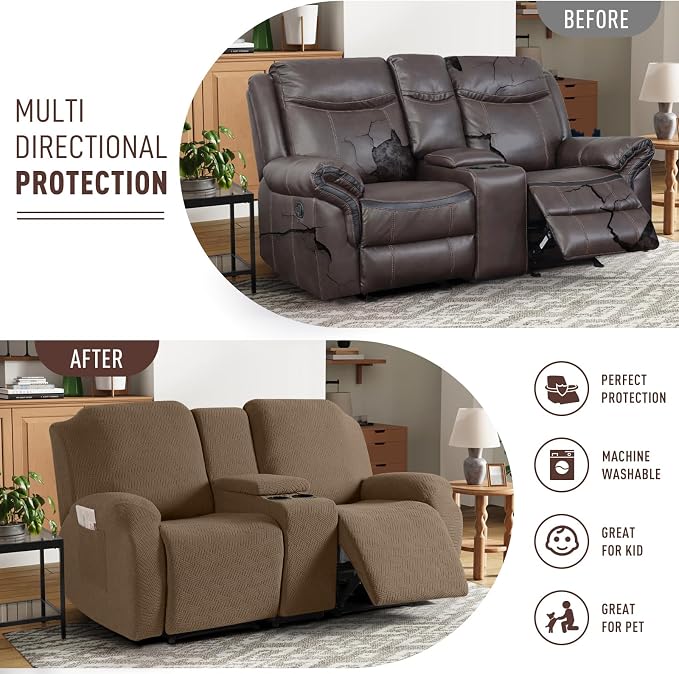 KinCam Loveseat Recliner Covers with Middle Console Slipcover, Light Coffee | Stretch Recliner Sofa Covers for 2 Seat Couch Cover, Jacquard Furniture Protector Covers with Elastic Bottom for Kids, Pets - Image 4