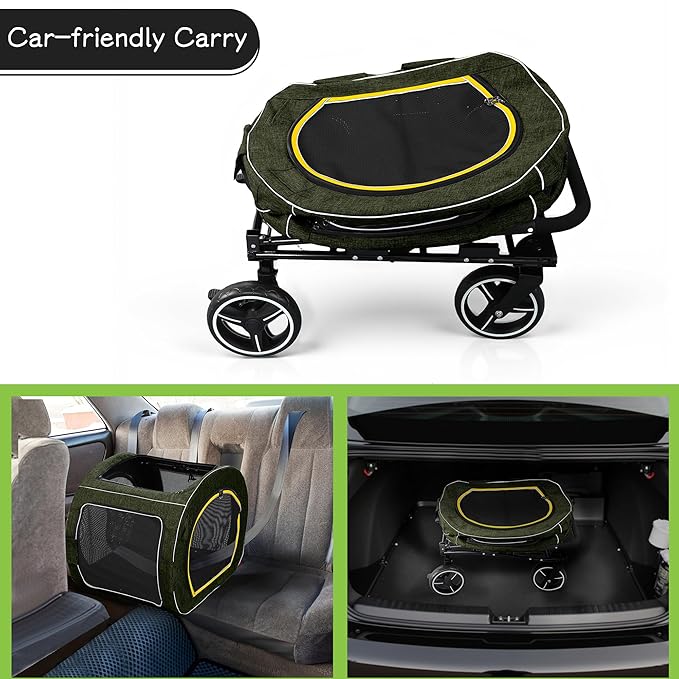 Pet Stroller for Dogs Cats up to 50 lbs, Foldable Dog Stroller with 360° Swivel Wheels, Detachable Carrier, Adjustable Handle, Travel Dog Stroller for Small Medium Large Pets, Green