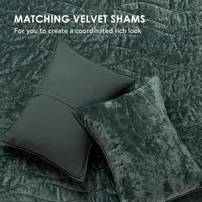 EverGrace Luxury Wave Crushed Velvet Quilt Set, Queen Size, Dark Green | Luxurious Soft, Lightweight Velvet Comforter, Cozy Plush Oversized Bedspread Coverlet for All Season, with 2 Shams - Image 6