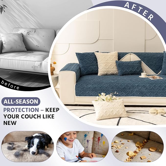 OTOB Couch Cover for Dogs All Season, Non Slip Washable Geometric Jacquard Soft Plush Pet Couch Covers, Cozy Sectional Dog Cat Furniture Protector Sofa Slipcovers, 1 Piece (Hazy Blue, 35.4"x94.5") - Image 2