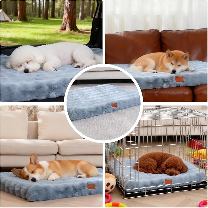 Orthopedic Dog Beds for Medium Dogs, Fluffy Faux Rabbit Fur Pet Bed with Removable Washable Cover, Dog Bed Mat with Egg Crate Foam & Waterproof Lining, Non-Slip Bottom, Blue-Grey,30"x20"x3" - Image 9
