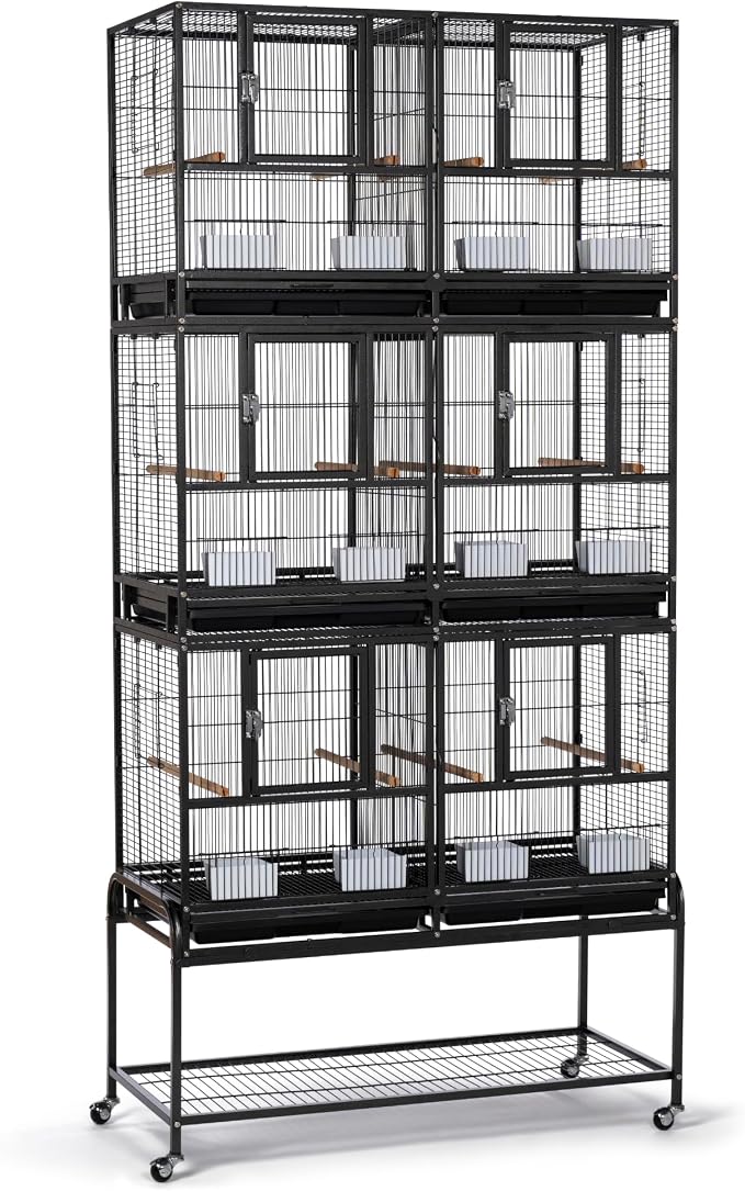Prevue Pet Products 3-Stack Breeding Flight Cage - Extra Large Divided Metal Cage with Stand & Wheels, Pull-Out Tray, Perches & Feeders, for Parakeets, Lovebirds, and Small Breeding Birds - Black by PrevuePetProducts