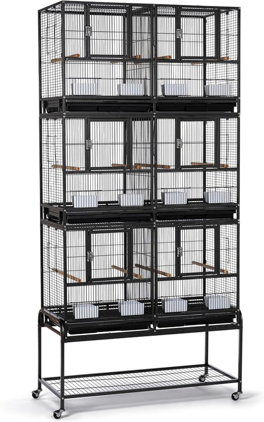 Prevue Pet Products 3-Stack Breeding Flight Cage - Extra Large Divided Metal Cage with Stand & Wheels, Pull-Out Tray, Perches & Feeders, for Parakeets, Lovebirds, and Small Breeding Birds - Black by PrevuePetProducts