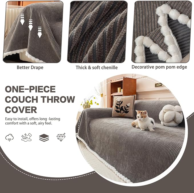 DREAMINGO Striped Chenille Couch Cover Blanket Washable Furniture Protector for Pets/Kids Farmhouse Modern Style Decorative Sofa Throw Cover for Living Room, Pom Pom Trim, Dark Grey, 71"x134" - Image 3