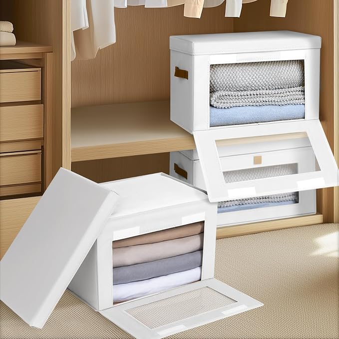 Homsorout Large Clothing Storage Bins - Collapsible Boxes with Handles & Window, Decorative Organizer Bins with Lids, Fabric Containers for Living Room, Dorm, 6 Pack, White - Image 5