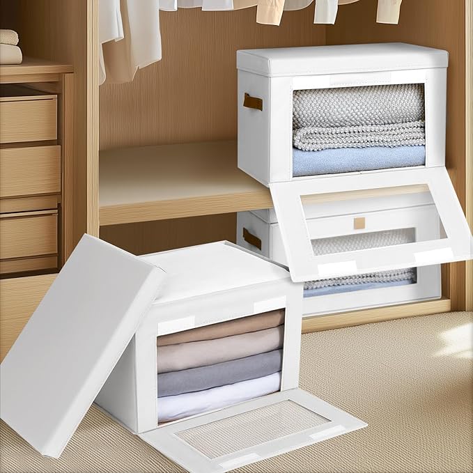 Homsorout Large Clothing Storage Bins - Collapsible Boxes with Handles & Window, Decorative Organizer Bins with Lids, Fabric Containers for Living Room, Dorm, 2 Pack, White - Image 5