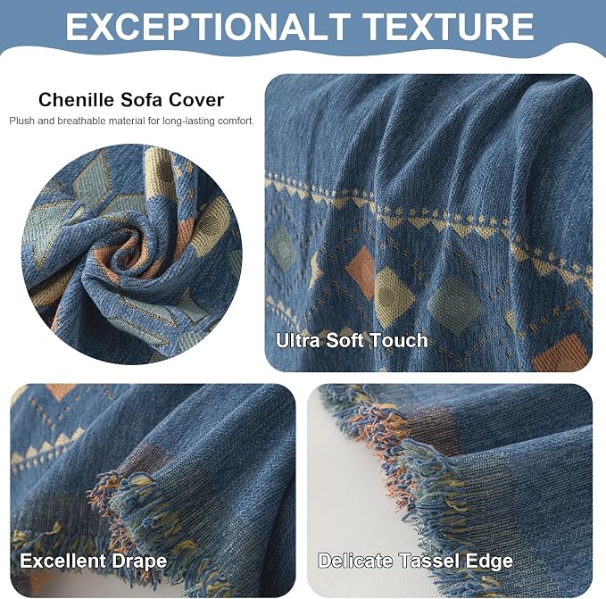 VClife Boho Couch Cover Blue Geometric Jacquard Pattern Sofa Cover, 1 Piece Large Couch Covers for 3 Cushion Couch Sofa Washable Plush Chenille Sofa Protector for Living Room, 71x134 Inch - Image 7