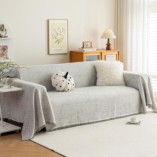 ROOMLIFE Gray Couch Cover Boho Sofa Covers for 3 Cushion Couch Washable, Furniture Protector Sofa Couch Cover for Dogs, Soft Breathable Sofa Slipcover, Couch Throw Blankets with Tassels 71''X150'' by ROOMLIFE
