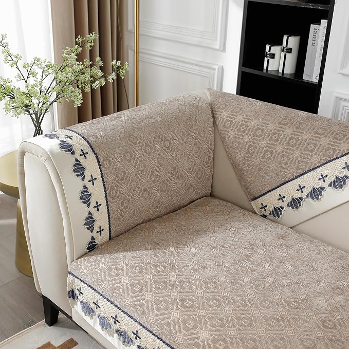 DREAMINGO Couch Armrest Cover, European Embroidery Jacquard Armchair Couch Protector, 1 Piece Anti Slip Pet Sofa Covers Washable Soft Chenille with Lace Edge, Light Coffee, 27.6"x27.6" by DREAMINGO