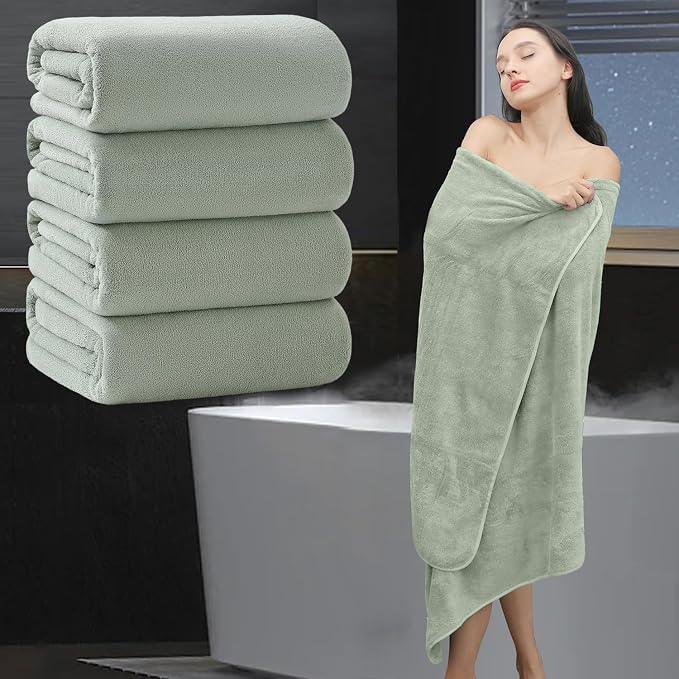 Extra Large Bath Sheet 4 Piece (35"x70")-Ultra Soft Oversized Bath Towel,Bath Sheet Set for Bathroom Hotel,Plush Highly Absorbent Quick Dry Shower Towel for Adults,Bathroom Towel Set Green by MAGGEA