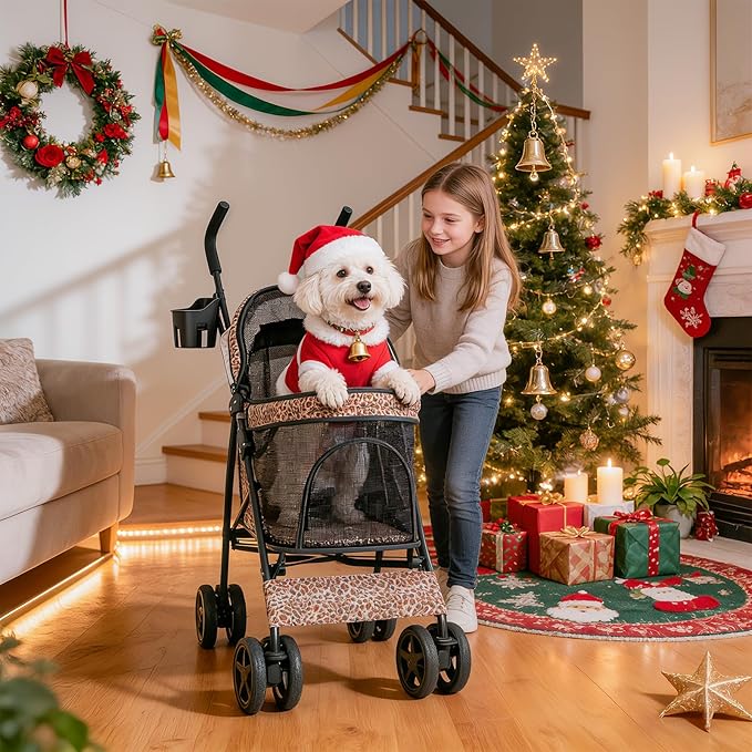 MoNiBloom 4 Wheels Pet Stroller, Easy-Fold Umbrella Shaped Dog Cat Jogger Stroller w/Storage Bag & Visible Mesh for Small/Medium Dogs Cats Leopard Print