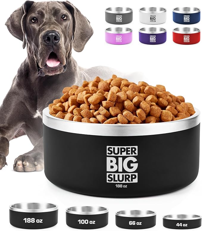 Tuff Pupper Heavy Duty Insulated Dog Bowl | Double Wall Stainless Steel Dog Food Dish | Non-Slip Spill Proof Dishwasher Safe Cat Bowl | Water Dish for Feeding Large Medium Small Pets (188oz, Black) by TuffPupper
