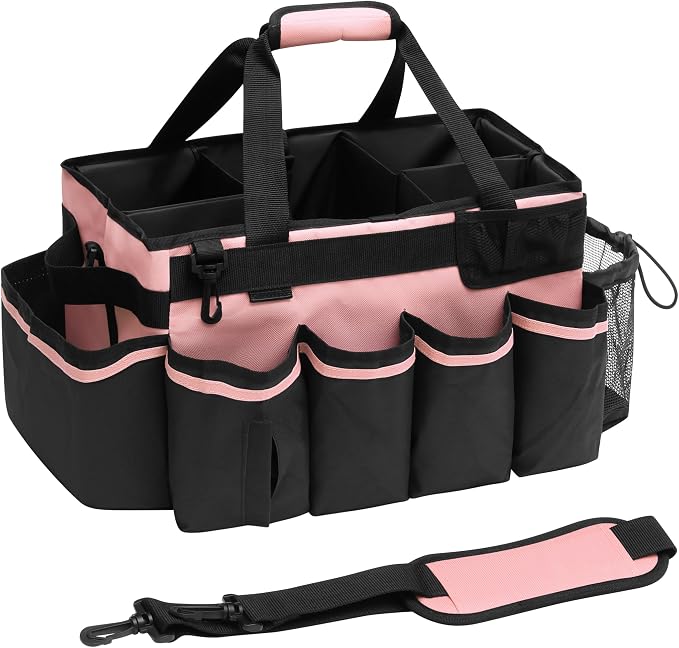Large Cleaning Caddy, Professional Wearable Supplies Bag for Housekeepers, House Cleaners, and Car Detailing - Organizer Tote With Handle, Pink by Tadacumir