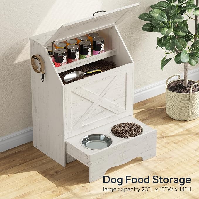 HOOBRO Dog Feeding Station with Sliding Drawer and 2 Hidden Bowls, Pet Feeding Station with Flip-Up Door, Dog Food Storage Cabinet with 2 Hooks for Living Room and Bedroom, Cloud White WT03PO03 - Image 3
