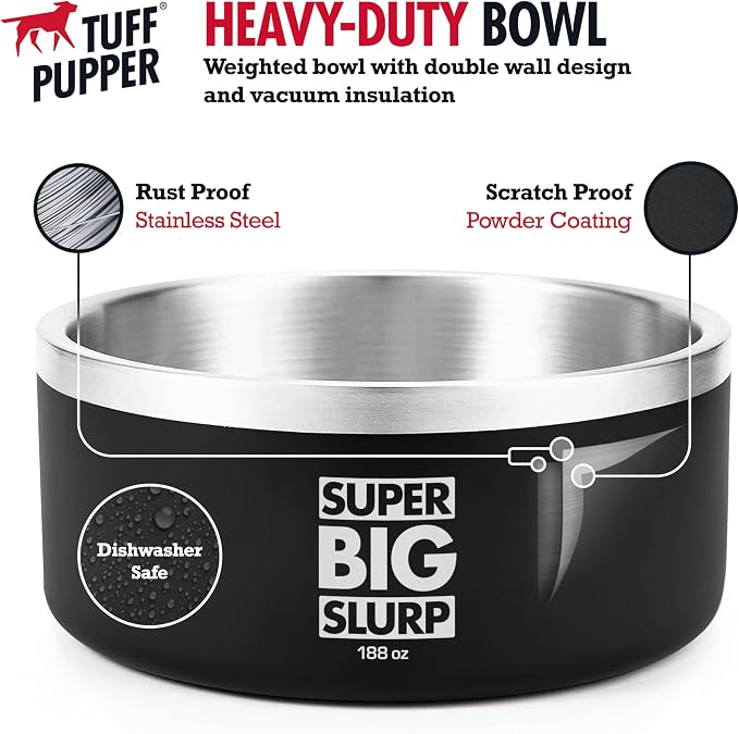 Tuff Pupper Heavy Duty Insulated Dog Bowl | Double Wall Stainless Steel Dog Food Dish | Non-Slip Spill Proof Dishwasher Safe Cat Bowl | Water Dish for Feeding Large Medium Small Pets (188oz, Black) - Image 3