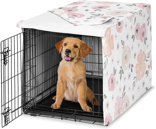 Sweet Jojo Designs 36in. Medium Dog Crate Cover (Pink/Grey Boho Floral) for Girls Pet Cage, Kennel Covers (Watercolor, Flower, Elegant Rose, Bohemian, Shabby Chic, Farmhouse, Nature, Blush & Gray) by SweetJojoDesigns