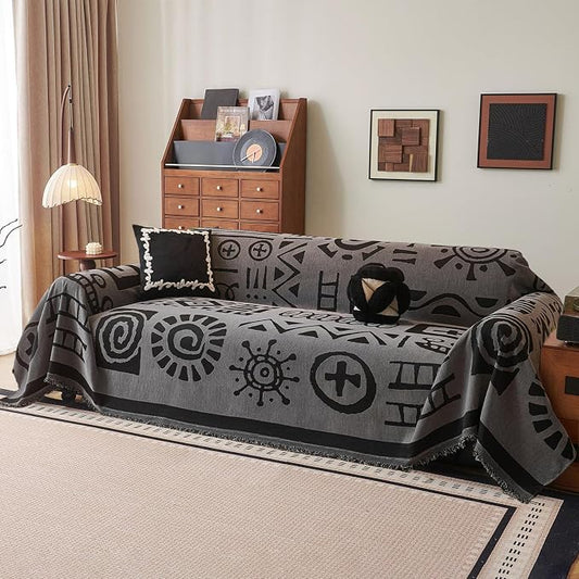 DREAMINGO Grey Japandi Couch Cover Boho Tribal Jacquard Sofa Covers for 2 Cushion Couch Thick Soft Chenille Living Room Furniture Loveseat Sectional Sofa Slipcovers Washable, Large 71"x118" by DREAMINGO