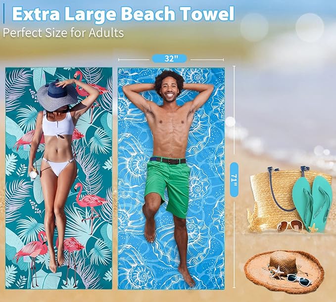 Microfiber Beach Towel Oversized 71x32 Blue Pink with Bag 2 Pack | Thin Lightweight Sand Free Absorbent Quick Dry Compact Large for Adult Travel Camping Pool Swim Bath Cruise Essentials Gift - Image 3
