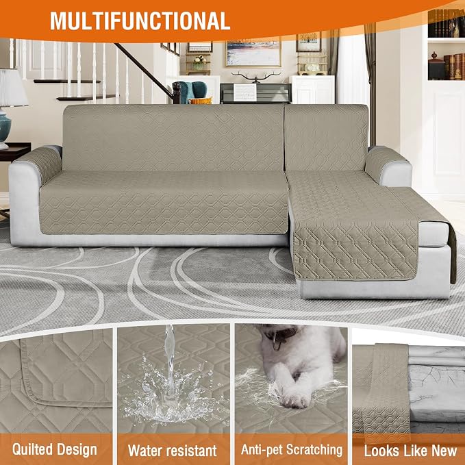VANSOFY Sectional Couch Covers 100% Waterproof L Shaped Sofa Slipcover 3pcs Reversible Chaise Lounge Cover for Sectional Sofa Furniture Protector Cover for Pets Cat Dog(Large, Khaki) - Image 4