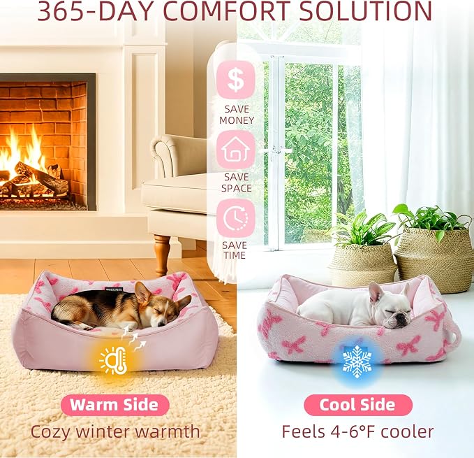 Mora Pets Reversible Pet Beds for Small Dogs Large Cat Bed Washable - Cool & Warm 2-in-1 Anti Anxiety Dog Bed for Summer, Rectangle Puppy Bed with Cute Pink Bow (25''x21''x7'') - Image 7
