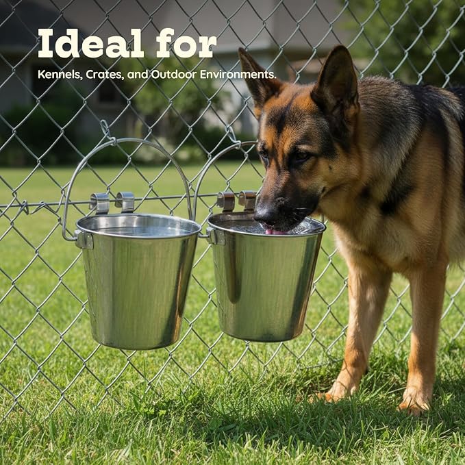 6 Quart Stainless Steel Flat Sided Bucket with Dual Hooks | 2 Pcs Food & Water Bowl for XL Dog Goat Cattle Horse & Livestock | Fits kennel Crate Cages Farm Hanging Pet Pail | Multipurpose - Image 5