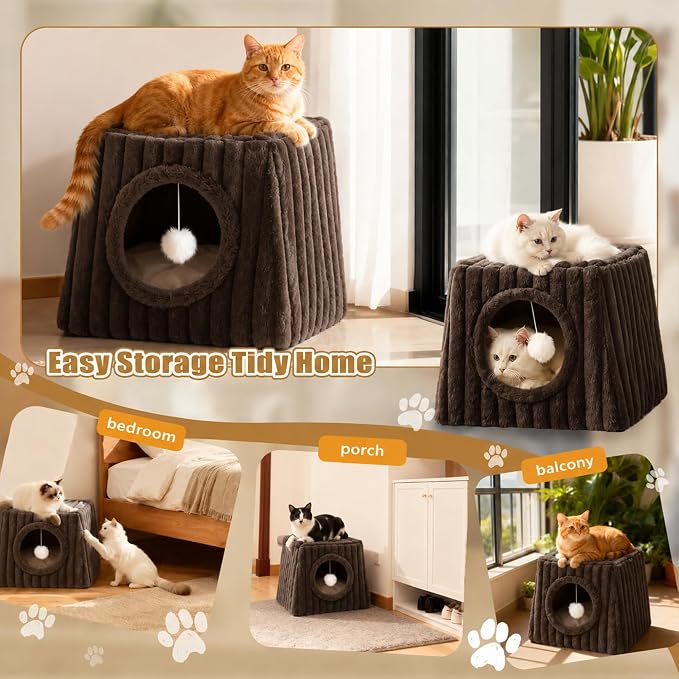Indoor Cat House - Large Cat Cave Bed with Fluffy Balls, Foldable Cat Bed Cave and Apartment with Pads, Suitable for Multiple Small and Large Cats, 15.74x13.7x13.7inches (Coffee, Large) - Image 8