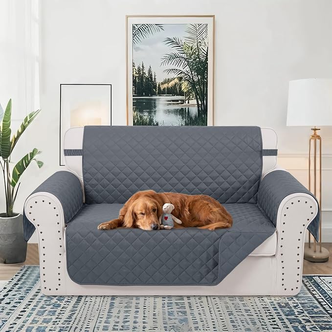 Reversible Loveseat Couch Sofa Covers, 2-Seater, Dark Blue | Loveseat Covers for Dogs Water Repellent, Friendly Furniture Protector with Elastic Straps for Living Room - Image 2