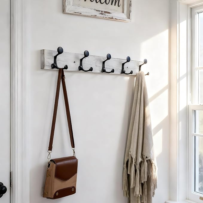 SKOLOO 30-Inch Wood Coat Rack Wall Mount with 5 Triple Hooks - Ideal for Family Entrances, Classrooms, and Pet Supplies Storage - Perfect Coat Hooks for Wall,Distressed White Wash, Pack of 2 - Image 2
