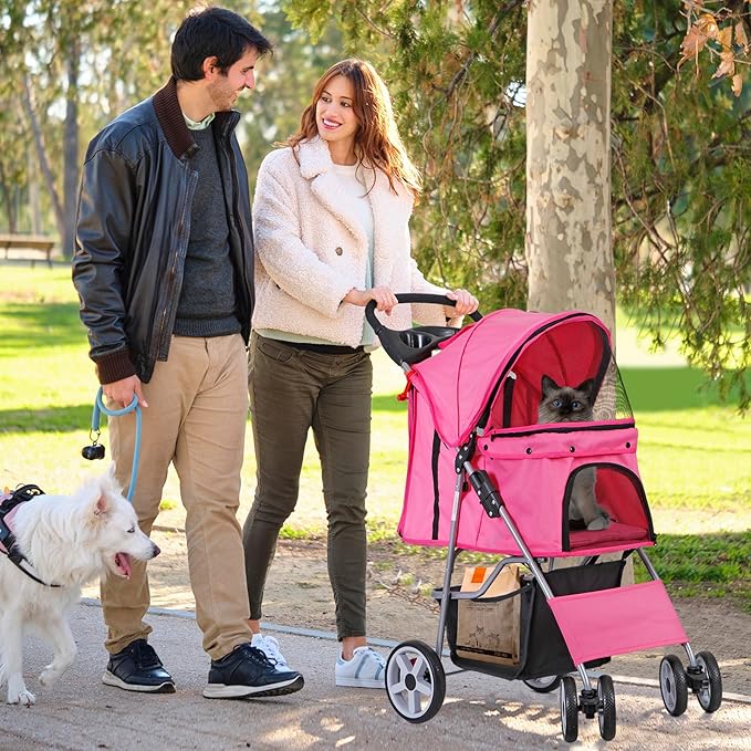 Pet Stroller 4 Wheels Dog Cat Stroller for Small Medium Dog Cats Carrier Jogger Travel Foldable Puppy with Storage Basket and Cup Holder (Pink)