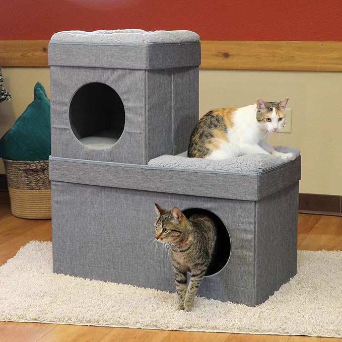Kitty City Large Stackable Cat Condo & Cube House, Modular Indoor Cat Furniture with Plush Washable Beds, Collapsible Cat Cave & Lounging Ottoman, Grey - Image 3