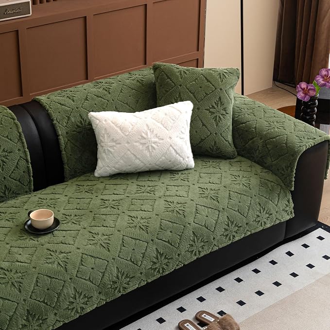 STACYPIK Fuzzy Plush Washable Dog Couch Cover, Boho Geometric Green Sofa Dog Bed Protector Living Room, Anti-Scratch Anti-Slip Armrest Headrest, Jacquard Pet Protector for 2 Cushion Couch-27.6X59.1IN - Image 8