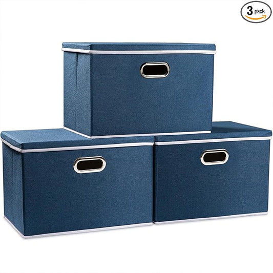 PRANDOM Large Collapsible Storage Bins with Lids [3-Pack] Fabric Foldable Storage Boxes Organizer Containers Baskets Cube with Cover for Home Bedroom Closet Office Royal Blue(17.7x11.8x11.8) by Prandom