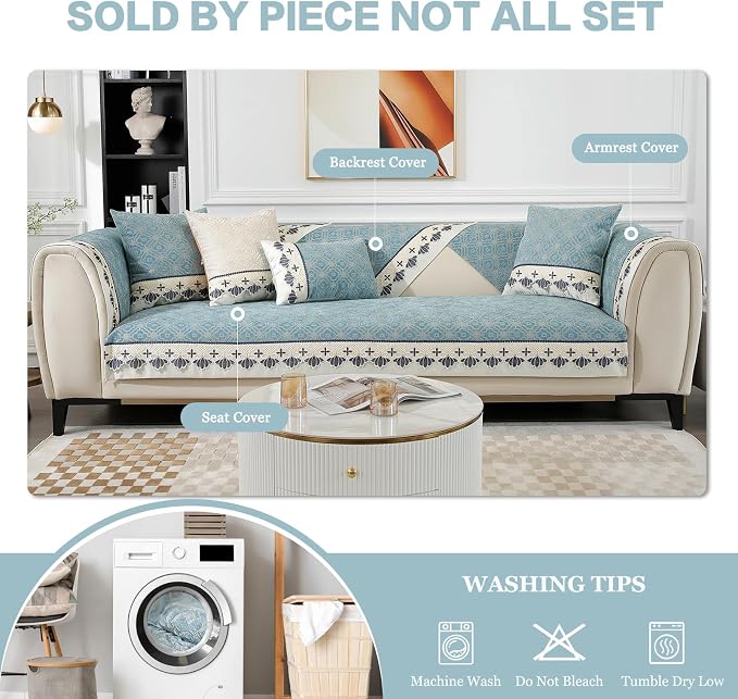 DREAMINGO Sofa Seat Cover, Washable Chenille Sofa Protector for Pets Kids, European Embroidery Jacquard 3 Cushion Couch Slipcover, Versatile Living Room Furniture Cover 35.4"x82.7", Teal Blue - Image 5