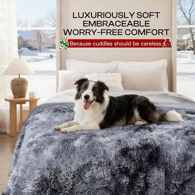 Luciphia Large Waterproof Dog Blanket Pet Washable Liquid Proof Furniture Protector Medium Shaggy Plush Calming Long Faux Fur Bed Cover for Couch Cat Blankets Kitten Doggy, Tie-dye Grey, 40" x 50" - Image 4