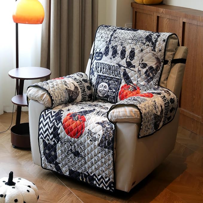 Cmfshape Halloween Skidproof Sofa Cover-Festival Sofa Slipcover with Elastic Straps-Easy Fit Slip Cover-Patchwork Washable Furniture Protector for Pets and Kids(Recliner,Black) - Image 3