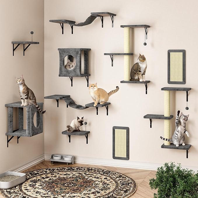 Cat Wall Shelves, 10-in-1 Wall-Mounted Cat Furniture Set | Large Cat Climber Set with House, Bridge, Steps, Scratcher, DIY Playground, Shelves for Indoor Wall Furniture Set - Grey - Image 2